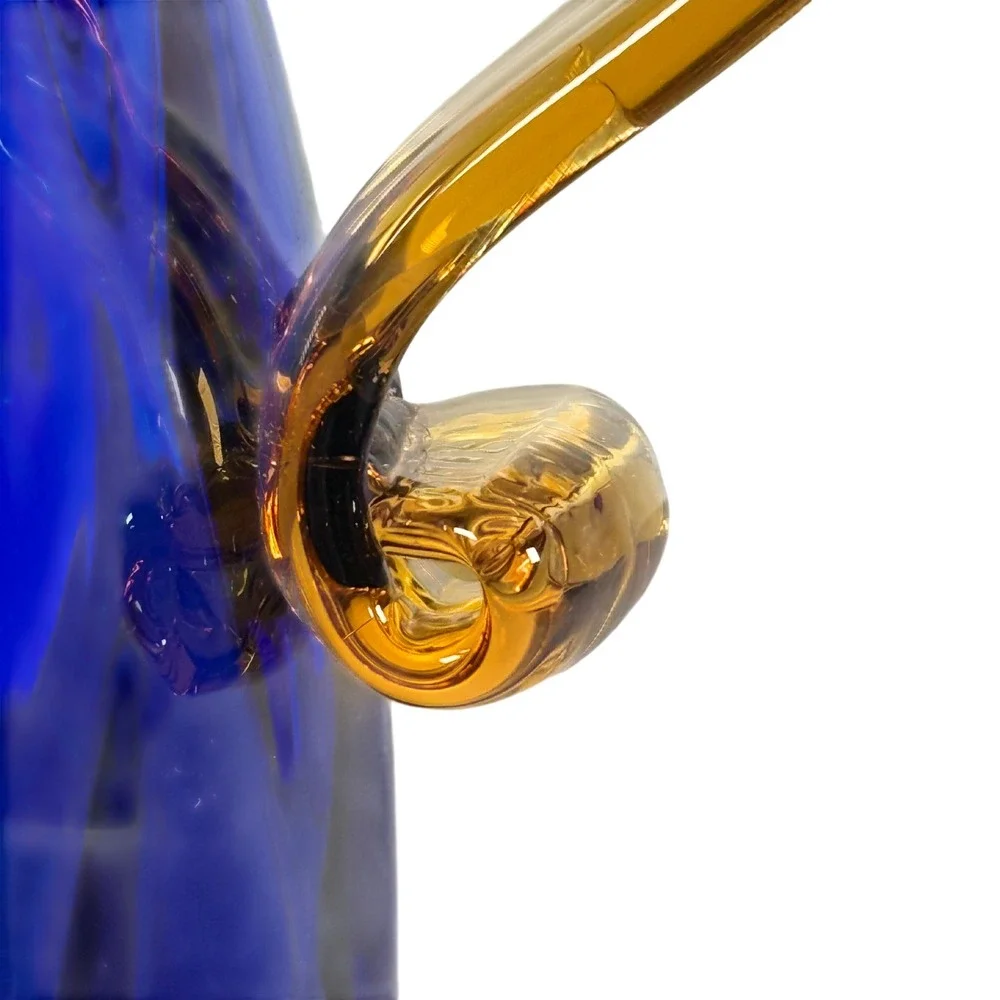 Blenko Cobalt Blue Optic Honeycomb Pitcher Amber Handles 9.5
